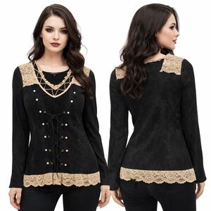 PANILLI Y2K Blouse Womens Large Black Lace Up Renaissance Whimsigoth Witchy